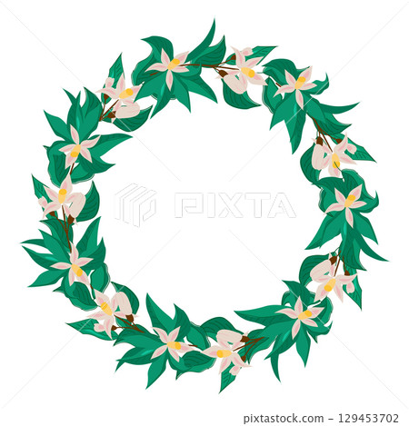 Orange wreath with blooming flowers and green leaves 129453702