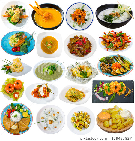 Vegetable dishes isolated on white Vegetable dishes isolated on white 129453827