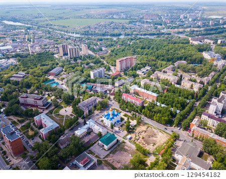 View from drone of Voskresensk with Church of Icon of Our Lady of Jerusalem 129454182