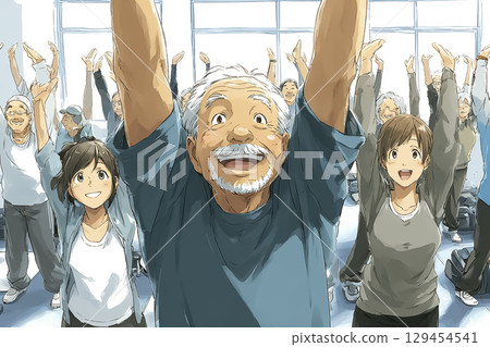 Smiling illustration of elderly people exercising energetically in a group fitness class for seniors 129454541