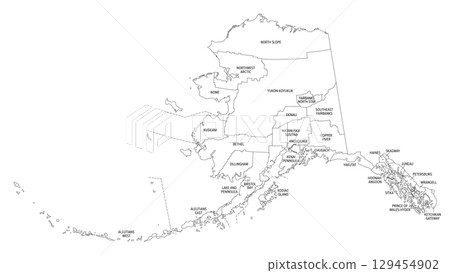 State of Alaska, boroughs and census areas, outline map. State on the northwest extremity of North America, in Western United States region, subdivided into 19 organized boroughs and 11 census areas. 129454902
