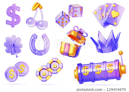 Glass holographic casino icons. Render 3d set of poker chips, playing cards, dice, slot machine, clover, cherry, horseshoe, crown, gift box, coins, dollar sign. Gambling ui elements. 3D illustration 129454970