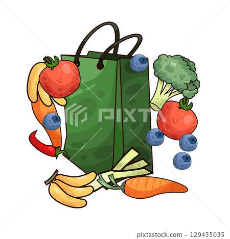 illustration of paper bag with vegetables and fruits illustration of paper bag with vegetables and fruits 129455035