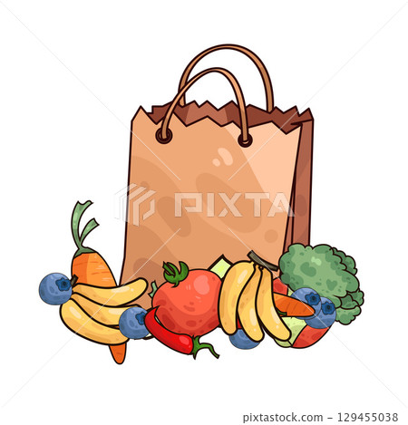 illustration of paper bag with vegetables and fruits illustration of paper bag with vegetables and fruits 129455038