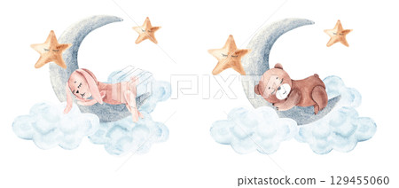Watercolor cute baby night compositions set. Rabbit or teddy bear sleeps on moon with clouds and stars. Hand drawn illustration in vintage style for boy and girl. 129455060