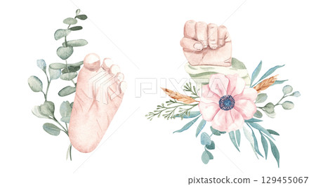 Baby shower composition. Newborn Baby Hand, Child Fist with anemone flower bouquet isolated on a white background. For Gender Party, its a girl Cards and Invitations. 129455067