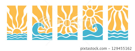 Yellow sun rays and blue sea beach psychedelic background. Wavy rays in boho groovy style. Abstract sun burst poster. Nature texture. 70s, 80s design. Vector illustration isolated on white background Yellow sun rays and blue sea beach psychedelic background. Wavy rays in boho groovy style. Abstract sun burst poster. Nature texture. 70s, 80s design. Vector illustration isolated on white background 129455162