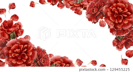 Red carnation flower in rectangular frame as a symbol of mothers day,love,passion,valentine's day confessions. Isolated Watercolor hand-drawn illustration in vintage style as element for card,banner 129455225