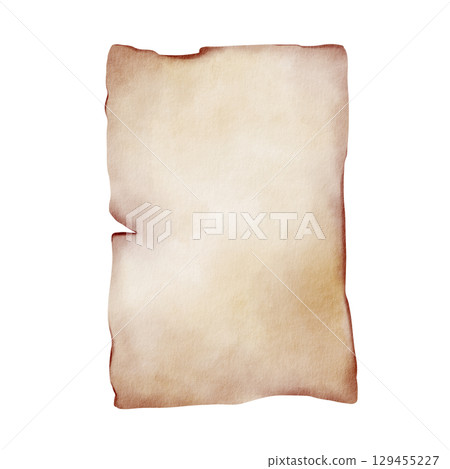 Old piece of paper with a blank space for an inscription. Ancient parchment with uneven burnt edges,template for pirate map. Hand drawn watercolor illustration isolated on white. Old piece of paper with a blank space for an inscription. Ancient parchment with uneven burnt edges,template for pirate map. Hand drawn watercolor illustration isolated on white. 129455227