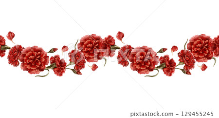 Red carnation flower in a seamless border as a symbol of mothers day,love,passion,valentine's day confessions. Isolated Watercolor hand-drawn illustration in vintage style as element for card,banner 129455245