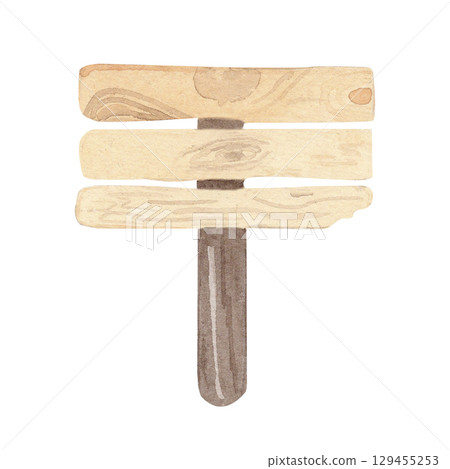 Watercolor hand drawn illustration wooden signpost clipart to summer camp, hiking trail. for party decor, event invitations, garden-themed designs Watercolor hand drawn illustration wooden signpost clipart to summer camp, hiking trail. for party decor, event invitations, garden-themed designs 129455253