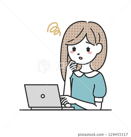 A woman who worries in front of a computer 129455317