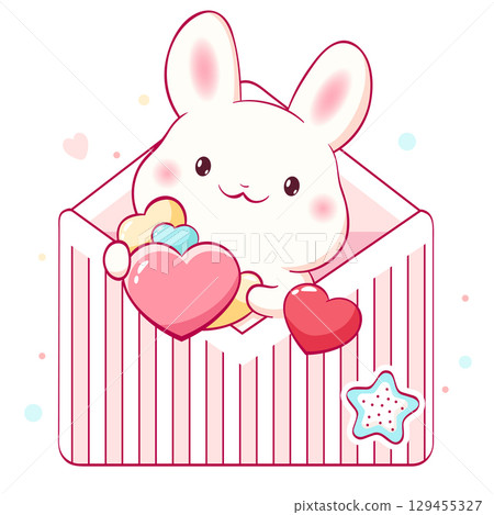 Square Easter or Valentine card with little bunny in envelope. Childish print with cute rabbit in open letter. Can be used for t-shirt print, sticker, badge, greeting card. Vector illustration EPS8 Square Easter or Valentine card with little bunny in envelope. Childish print with cute rabbit in open letter. Can be used for t-shirt print, sticker, badge, greeting card. Vector illustration EPS8 129455327