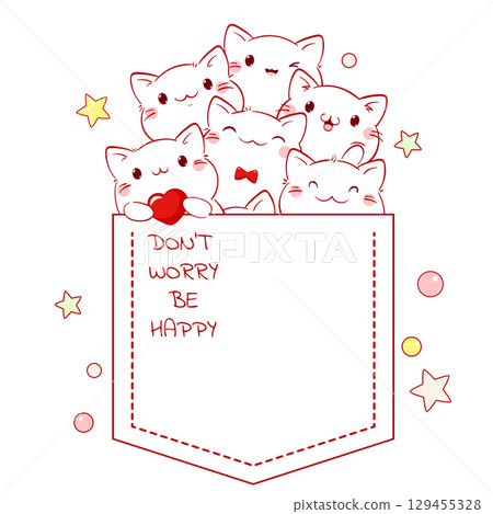 Little cats in pocket. Baby print with cute animal in pocket. Childish print with funny kitten friends. Can be used for t-shirt print, sticker, badge, greeting card design. Vector illustration EPS8 129455328