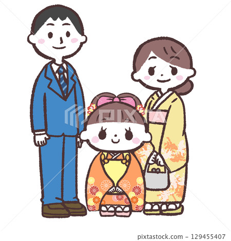 Illustration of a family celebrating a three-year-old's Shichigosan Illustration of a family celebrating a three-year-old's Shichigosan 129455407