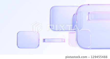 Light blue 3d background with glass holographic transparent cube blocks render. Abstract geometric pattern of square or rectangle shapes with purple pink gradient. Digital tech banner. 3D illustration 129455488