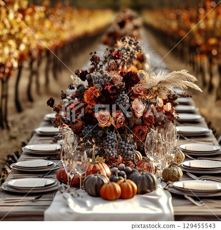Elegant autumn table setting floral centerpiece festive dinner decor 129455543