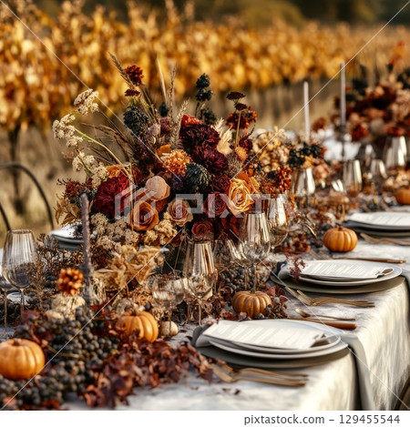 Autumn table setting elegant floral centerpiece cozy dinner decor 129455544