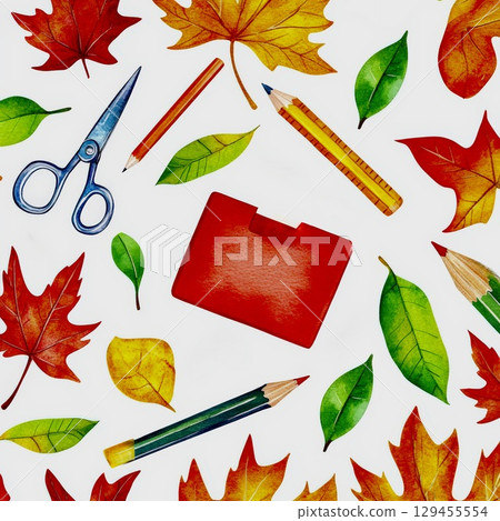 Stationery with maple leaves scattered on white surface 129455554