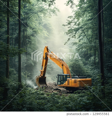 Excavator in foggy forest with soft green mist and trees 129455561