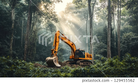 Excavator in sunlight forest performing early morning work 129455562