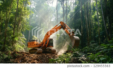 Excavator operating near trees in forest construction zone 129455563