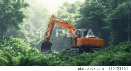 Forest excavator in sunlight clearing land and debris 129455564