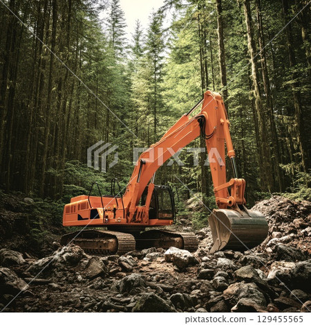 Orange excavator resting in dense forest with rocky ground 129455565