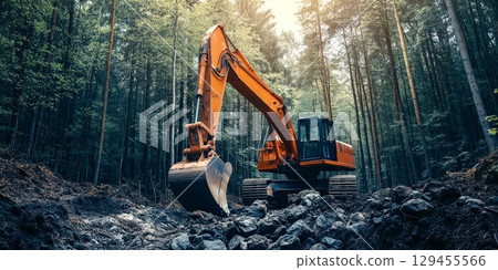 Excavator digging in shadowy forest with dark ambient light 129455566