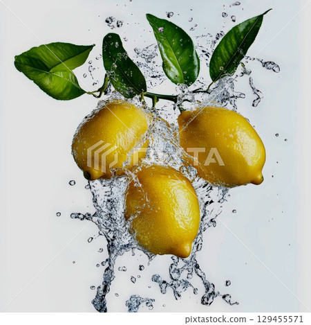 Yellow lemons and mint leaves on clear splash background 129455571