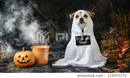 Halloween ghost dog trick treat pumpkin spooky seasonal photo 129455572