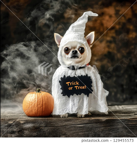 Halloween ghost dog pumpkin rustic spooky festive celebration 129455573