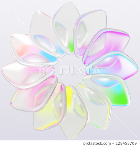 3d glass holographic flower of watercolor transparent petals on pastel light background. Abstract geometric circle of diamond shaped leaves, rainbow color gradient, pearlescent effect. 3D illustration 3d glass holographic flower of watercolor transparent petals on pastel light background. Abstract geometric circle of diamond shaped leaves, rainbow color gradient, pearlescent effect. 3D illustration 129455709