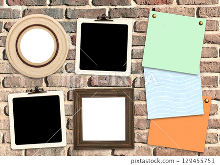Template collage with retro photos and wooden frame. Moodboard pictures album grid for scrapbooking. Vintage style mood board layout. Vintage wooden empty picture frames on brick wall. Copy space Template collage with retro photos and wooden frame. Moodboard pictures album grid for scrapbooking. Vintage style mood board layout. Vintage wooden empty picture frames on brick wall. Copy space 129455751