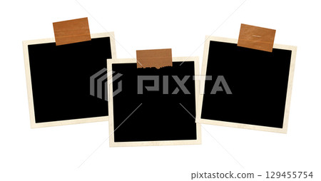 Three frame photos with adhesive tape stripes. Pictures album grid for scrapbooking. Vintage style mood board layout. Isolated on white background. Copy space for your text and photo 129455754