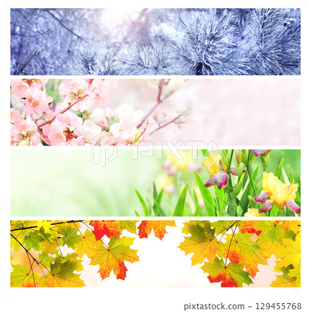 Set of horizontal nature banners. Four season of year. Each one features scene of nature, from the gentle snowfall of winter to the vibrant leaves of summer. Perfect for showcasing changing seasons 129455768