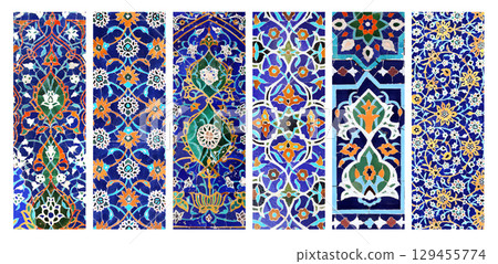 Set of vertical or horizontal banners with intricate detail of ancient mosaic walls with floral and geometric ornament. Collection of background with traditional islamic tile decor 129455774