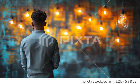 Black man standing with back turned facing illuminated light bulbs against artistic wall, creativity and inspiration concept Black man standing with back turned facing illuminated light bulbs against artistic wall, creativity and inspiration concept 129455812