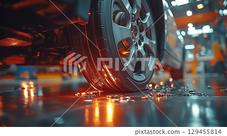Car tire on wet reflective surface with orange lighting, automotive performance and safety concept 129455814