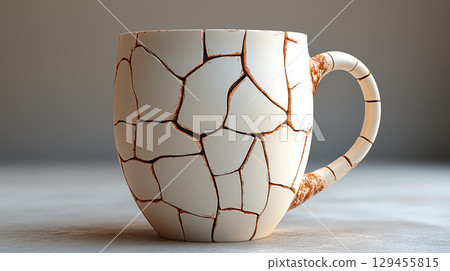 Ceramic mug with golden kintsugi cracks on white surface, handcrafted pottery concept for mindful living and artistic repair Ceramic mug with golden kintsugi cracks on white surface, handcrafted pottery concept for mindful living and artistic repair 129455815