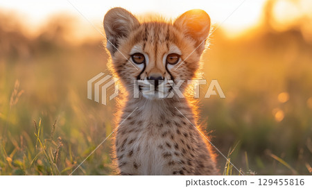 Cheetah cub portrait in golden sunset light on savanna, wildlife conservation and endangered species concept 129455816