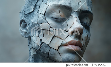 Cracked face sculpture with closed eyes against neutral background, concept of fragility, mental health and human vulnerability 129455820