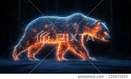 Fire bear digital art with glowing orange flames and sparks against dark background, fantasy wildlife concept 129455832