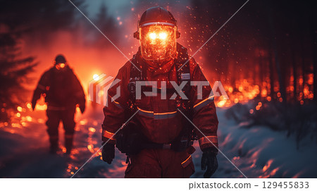 Firefighter in protective gear standing against night forest fire, representing emergency response and disaster management 129455833