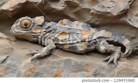 Horned lizard camouflaged on rocky terrain with detailed scaly texture and amber eye, reptile adaptation concept for desert survival 129455860