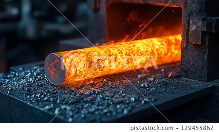 Hot metal steel rod glowing orange in industrial forge, metallurgy manufacturing process. Molten iron bar emerging from furnace in metalworking factory 129455862