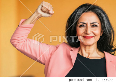 Mature middle eastern woman in office with raised fist of empowerment, strength and women solidarity, International Womens Day concept 129455928