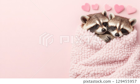 Two raccoons hugging against pink background with heart shapes, St Valentines Day postcard 129455957