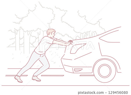 A Man Strenuously Pushing a Stalled Car on the Side of the Road During a Busy Day A Man Strenuously Pushing a Stalled Car on the Side of the Road During a Busy Day 129456080