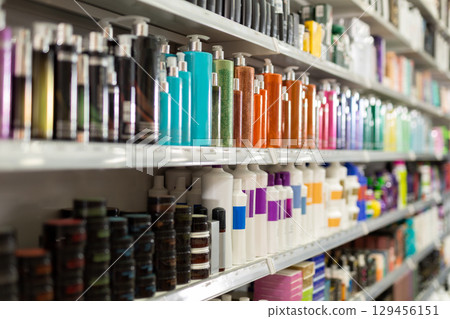 Assortment of hair care products in cosmetics store Assortment of hair care products in cosmetics store 129456151